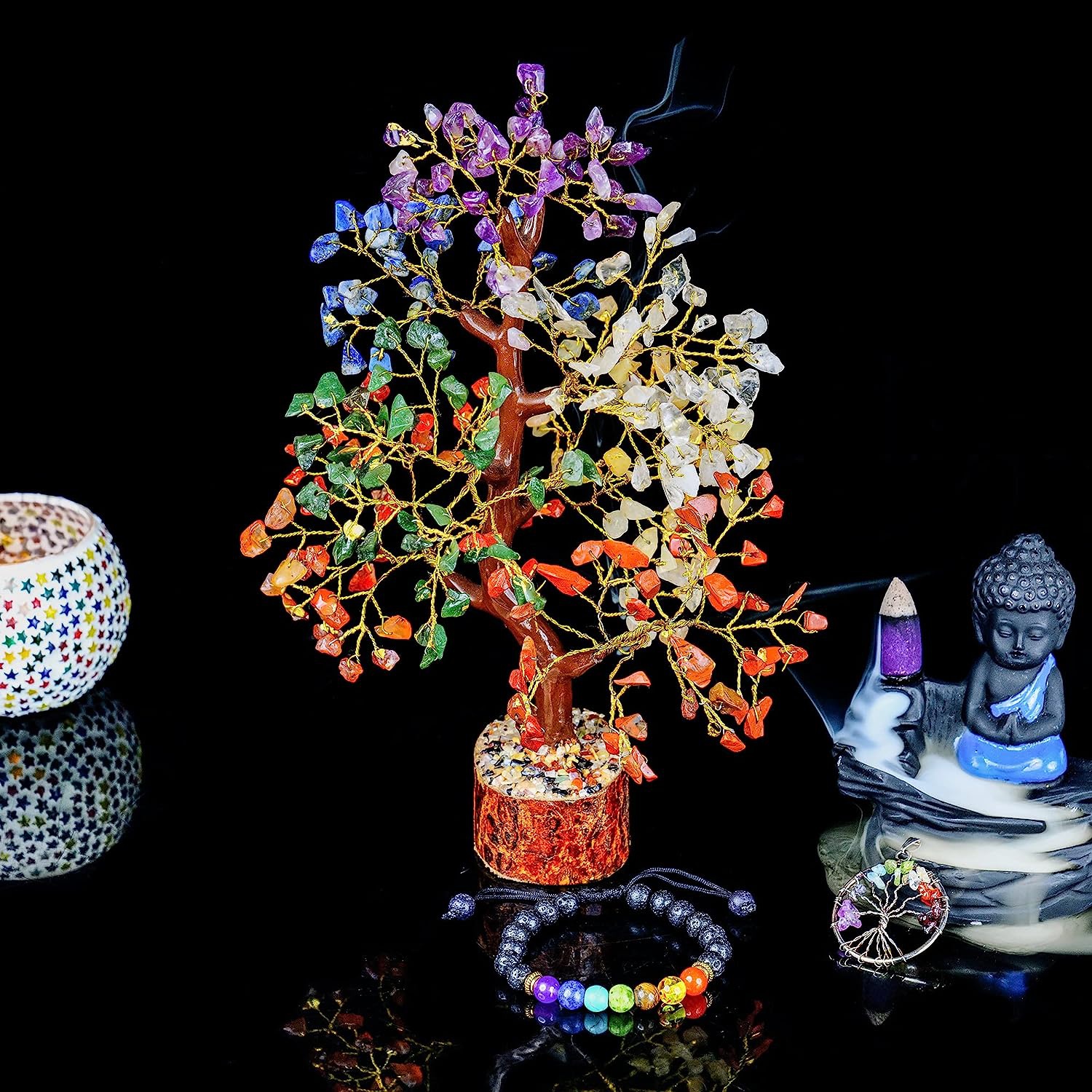 Arbre à argent - pierres précieuses et cristaux - arbre à sept chakras -  cadeaux Reiki - chakra 