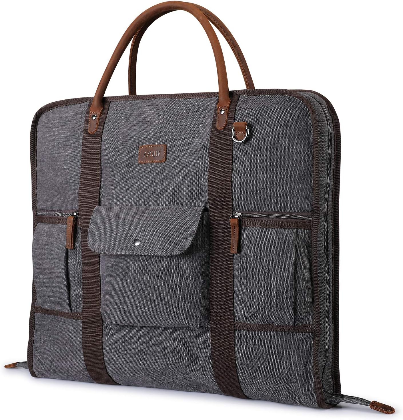 Grey Canvas Carry-On Garment Bag with Genuine Leather Trim for Business Trips...