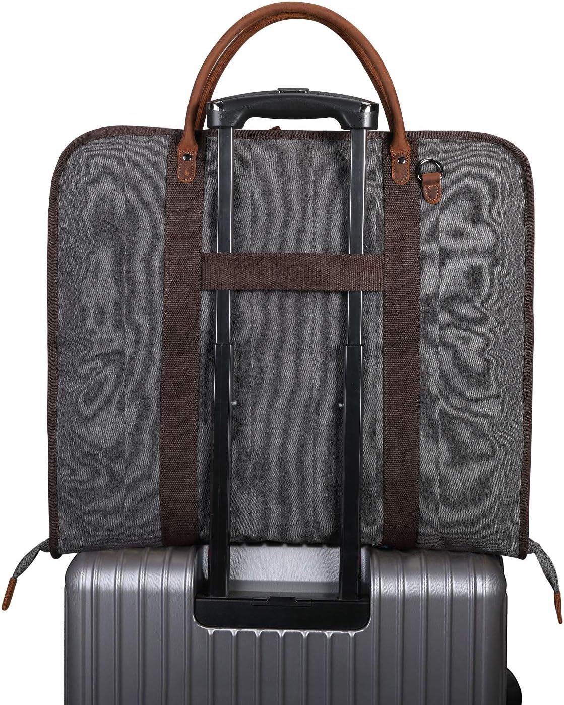 Grey Canvas Carry-On Garment Bag with Genuine Leather Trim for Business Trips...